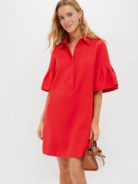 Tuckernuck Red Collared Shift Dress with Ruffled Elbow Sleeves
